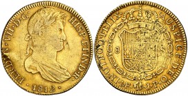 1812. Fernando VII. Lima. JP. 8 escudos. (Cal. 17) (Cal.Onza 1216). 27,01 g. Busto grande. Pequeño defecto en canto. Muy escasa. MBC-/MBC.