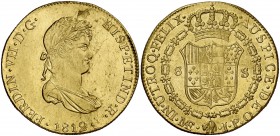 1812. Fernando VII. Lima. JP. 8 escudos. (Cal. 18) (Cal.Onza 1217). 26,82 g. Busto pequeño. Hojitas en anverso. Gran parte de brillo original. Ex Áure...