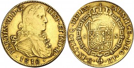 1810. Fernando VII. México. HJ. 8 escudos. (Cal. 45) (Cal.Onza 1254). 26,95 g. Busto imaginario. Escasa. MBC/MBC+.