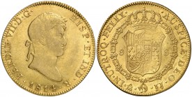 1814. Fernando VII. México. JJ. 8 escudos. (Cal. 51) (Cal.Onza 1261). 26,98 g. Primer año de busto laureado. Acuñación algo floja. Bonito color. Ex Co...