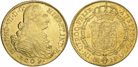 1809/09. Fernando VII. Santa Fe de Nuevo Reino. JF/JF. 8 escudos. (Cal. 94 var) (Cal.Onza 1313 var) (Restrepo 127-6a var). 26,95 g. Mínimas rayitas. A...