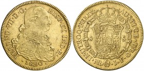 1820. Fernando VII. Santa Fe de Nuevo Reino. JF. 8 escudos. (Cal. 111) (Cal.Onza 1340) (Restrepo 127-34). 27,03 g. Leves golpecitos. Ex Áureo & Calicó...