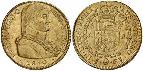 1810. Fernando VII. Santiago. FJ. 8 escudos. (Cal. 115) (Cal.Onza 1347). 26,90 g. Busto almirante. Ceca invertida. Hojitas. Ex Áureo & Calicó 17/12/20...