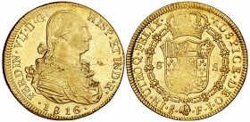1816. Fernando VII. Santiago. FJ. 8 escudos. (Cal. 124) (Cal.Onza 1360). 27,08 g. Insignificante hojita. Muy bella. Brillo original. Ex Áureo & Calicó...