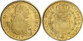1817. Fernando VII. Santiago. FJ. 8 escudos. (Cal. 127) (Cal.Onza 1364). 26,98 g. Acuñación floja. Parte de brillo original. Ex Áureo & Calicó 15/12/2...