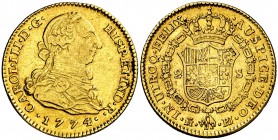 1774. Carlos III. Madrid. PJ. 2 escudos. (Cal. 447). 6,68 g. Leves rayitas. Parte de brillo original. MBC+/EBC-.