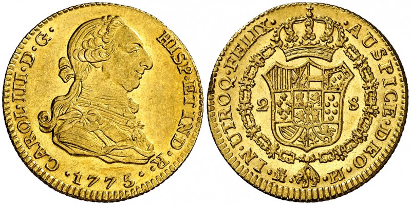 1775. Carlos III. Madrid. PJ. 2 escudos. (Cal. 448). 6,81 g. Golpe en canto, per...