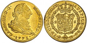 1775. Carlos III. Madrid. PJ. 2 escudos. (Cal. 448). 6,81 g. Golpe en canto, pero bella. Brillo original. Ex Áureo & Calicó 03/03/2004, nº 233. Escasa...