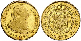 1786. Carlos III. Madrid. DV/PJ. 2 escudos. (Cal. 659 var). 6,76 g. Leves rayitas. Parte de brillo original. Rara. MBC+/EBC-.