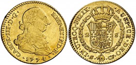 1774. Carlos III. Sevilla. CF. 2 escudos. (Cal. 576). 6,73 g. Golpecito en canto. Parte de brillo original. MBC+/EBC-.