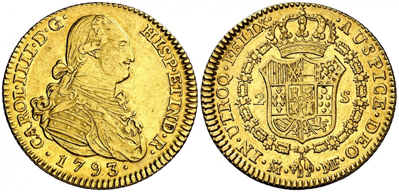 1793. Carlos IV. Madrid. MF. 2 escudos. (Cal. 326). 6,74 g. Parte de brillo orig...