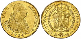 1794. Carlos IV. Madrid. MF. 2 escudos. (Cal. 328). 6,68 g. Bella. Parte de brillo original. Ex Áureo 17/12/2003, nº 1000. Rara así. EBC/EBC+.