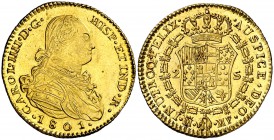 1801. Carlos IV. Madrid. MF. 2 escudos. (Barrera falta). 6,48 g. Falsa de época en oro. Bella. Brillo original. EBC.