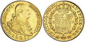 1801. Carlos IV. Madrid. FA/MF. 2 escudos. (Cal. 343). 6,71 g. Leves rayitas. Atractiva. EBC-/EBC.