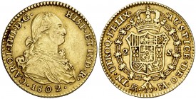 1802. Carlos IV. Madrid. FA/MF. 2 escudos. (Cal. 344 var). 6,74 g. Ex Áureo & Calicó 30/11/2011, nº 1489. MBC/MBC+.