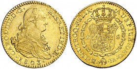 1803. Carlos IV. Madrid. FA. 2 escudos. (Cal. 345). 6,79 g. Leves golpecitos. Bella. Brillo original. EBC-/EBC.