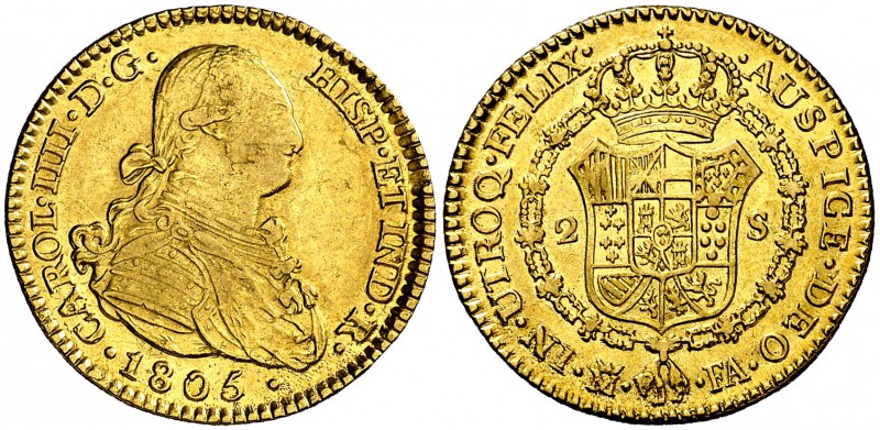 1805. Carlos IV. Madrid. FA. 2 escudos. (Cal. 348). 6,67 g. Bonito color. Ex Áur...