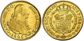 1805. Carlos IV. Madrid. FA. 2 escudos. (Cal. 348). 6,67 g. Bonito color. Ex Áureo 07/03/2001, nº 2118. MBC+.