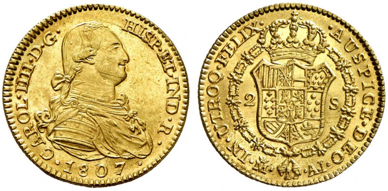 1807. Carlos IV. Madrid. AI. 2 escudos. (Cal. 351). 6,79 g. Muy bella. Ex Áureo ...