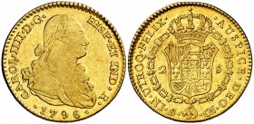 1796. Carlos IV. Sevilla. CN. 2 escudos. (Cal. 448). 6,72 g. Parte de brillo original. Ex Áureo 07/03/2001, nº 2128. Rara. MBC-/MBC.