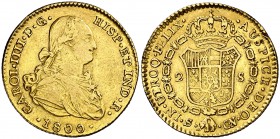 1800. Carlos IV. Sevilla. CN. 2 escudos. (Cal. 452). 6,75 g. Golpe en canto del reverso. MBC-/MBC.