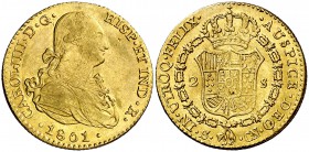 1801. Carlos IV. Sevilla. CN. 2 escudos. (Cal. 453). 6,74 g. Rayitas en anverso. Bonito color. MBC/MBC+.