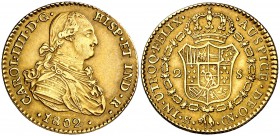 1802. Carlos IV. Sevilla. CN. 2 escudos. (Cal. 454). 6,74 g. Bonita pátina. MBC+.