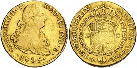 1805. Carlos IV. Sevilla. CN. 2 escudos. (Cal. 457). 6,66 g. Ex Áureo 07/03/2001, nº 2137. Rara. BC+.