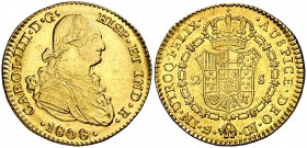 1808. Carlos IV. Sevilla. CN. 2 escudos. (Cal. 460). 6,74 g. Parte de la leyenda del anverso calcada en reverso. Parte de brillo original. MBC+/EBC-.