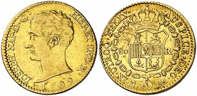 1809. José Napoleón. Madrid. AI. 80 reales. (Cal. 7). 6,70 g. Hojita en reverso. Rara. MBC+.