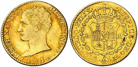 1810. José Napoleón. Madrid. AI. 80 reales. (Cal. 8). 6,73 g. Preciosa pátina. Muy rara así. EBC-.