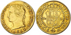 1811. José Napoleón. Madrid. AI. 80 reales. (Cal. tipo 4, falta fecha). 6,77 g. Rayitas. Bonito color. Rara. MBC/MBC+.