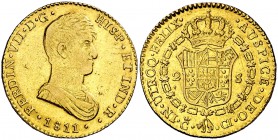 1811. Fernando VII. Cádiz. CI. 2 escudos. (Cal. 175). 6,72 g. Busto drapeado. Leves rayitas. Rara. MBC/MBC+.