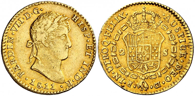 1811. Fernando VII. Cádiz. CI. 2 escudos. (Cal. 177). 6,78 g. Ceca pequeña. Leve...