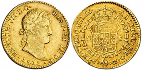 1811. Fernando VII. Cádiz. CI. 2 escudos. (Cal. 177). 6,78 g. Ceca pequeña. Leves hojitas en reverso. Precioso color. MBC+.