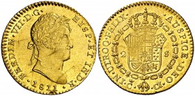 1811. Fernando VII. Cádiz. CI. 2 escudos. (Cal. 178). 6,75 g. Ceca grande. Hojita y rayitas. Brillo original. Escasa y más así. (EBC+).
