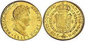 1811. Fernando VII. Cádiz. I. 2 escudos. (Cal. 179). 6,73 g. Ensayador invertido. Parte de brillo original. Ex Áureo 28/09/1993, nº 1334. Rara. EBC-....