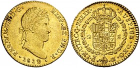 1812. Fernando VII. Cádiz. CI. 2 escudos. (Cal. 181). 6,72 g. Ceca grande. Parte de brillo original. Muy escasa. MBC+/EBC-.