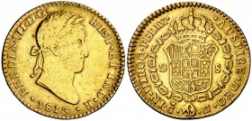 1813. Fernando VII. Cádiz. CI. 2 escudos. (Cal. 182). 6,71 g. Pequeña limadura en canto. Ex Áureo 07/03/2001, nº 2150. Rara. MBC-/MBC.