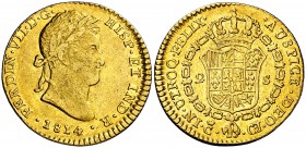 1814. Fernando VII. Cádiz. CJ. 2 escudos. (Cal. 184). 6,71 g. Acuñación algo empastada. Parte de brillo original. Rara. MBC+.