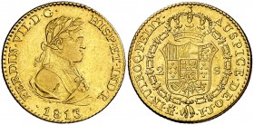 1813. Fernando VII. Madrid. IJ. 2 escudos. (Cal. 205). 6,74 g. Segundo busto. Escasa. MBC+.