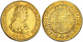 1813. Fernando VII. Madrid. GJ. 2 escudos. (Cal. 207). 6,70 g. Segundo busto. Bonito color. Escasa. MBC/MBC+.