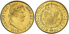 1814. Fernando VII. Madrid. GJ/IJ. 2 escudos. (Cal. 210 var). 6,75 g. Primer año de busto laureado. Atractiva. Parte de brillo original. EBC-.