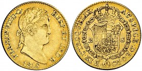 1816. Fernando VII. Madrid. GJ. 2 escudos. (Cal. 212). 6,70 g. Rayitas. Bonito color. Escasa. MBC/MBC+.