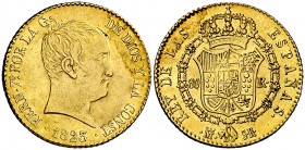 1823. Fernando VII. Madrid. SR. 80 reales. (Cal. 219). 6,74 g. Tipo "cabezón". Leves rayitas. Escasa. MBC/MBC+.