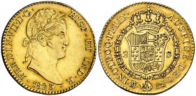 1823. Fernando VII. Madrid. AJ. 2 escudos. (Cal. 220). 6,69 g. Bella. Precioso color. Brillo original. Rara y más así. EBC/EBC+.