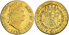 1826. Fernando VII. Madrid. AJ. 2 escudos. (Cal. 223). 6,80 g. Ligeras incisiones debajo de y. MBC/MBC+.