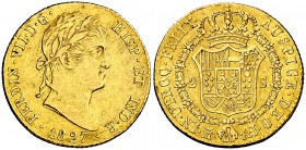 1827. Fernando VII. Madrid. AJ. 2 escudos. (Cal. 224). 6,70 g. Golpecito. Escasa. MBC/MBC+.