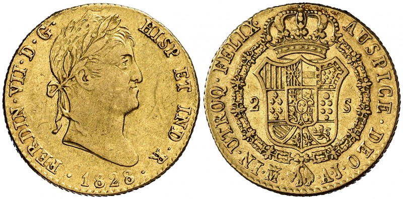 1828. Fernando VII. Madrid. AJ. 2 escudos. (Cal. 225). 6,69 g. Rayitas. Ex Áureo...