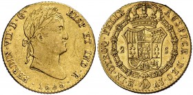 1828. Fernando VII. Madrid. AJ. 2 escudos. (Cal. 225). 6,69 g. Rayitas. Ex Áureo & Calicó 29/10/2008, nº 1801. Escasa. MBC/MBC+.
